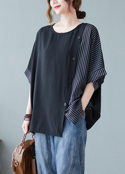 T-shirt en coton noir à col rond rayé patchwork et boutons, manches courtes, AC2052