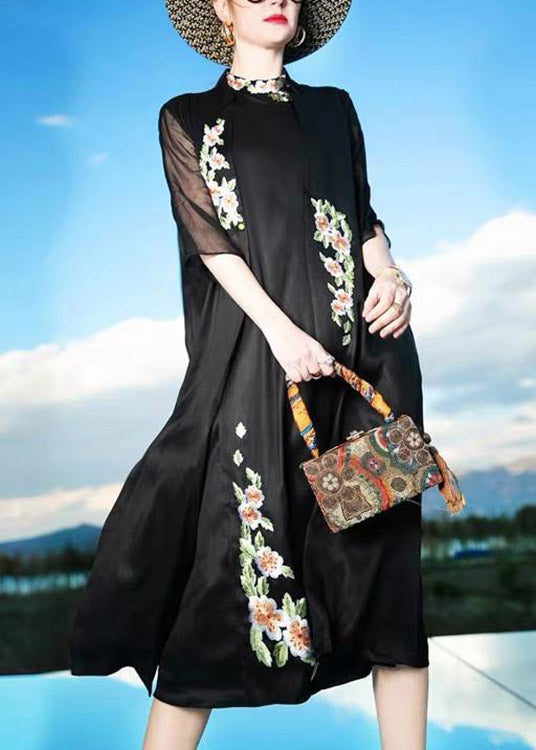 Novelty Black Stand Collar Embroideried Floral Button Silk Maxi Dress Summer LY1492