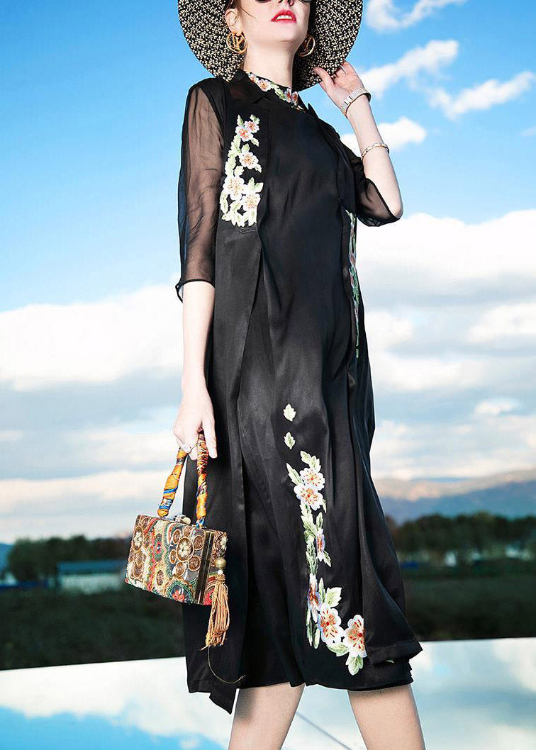 Novelty Black Stand Collar Embroideried Floral Button Silk Maxi Dress Summer LY1492