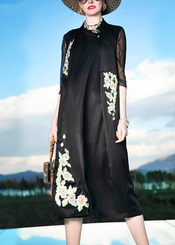 Novelty Black Stand Collar Embroideried Floral Button Silk Maxi Dress Summer LY1492