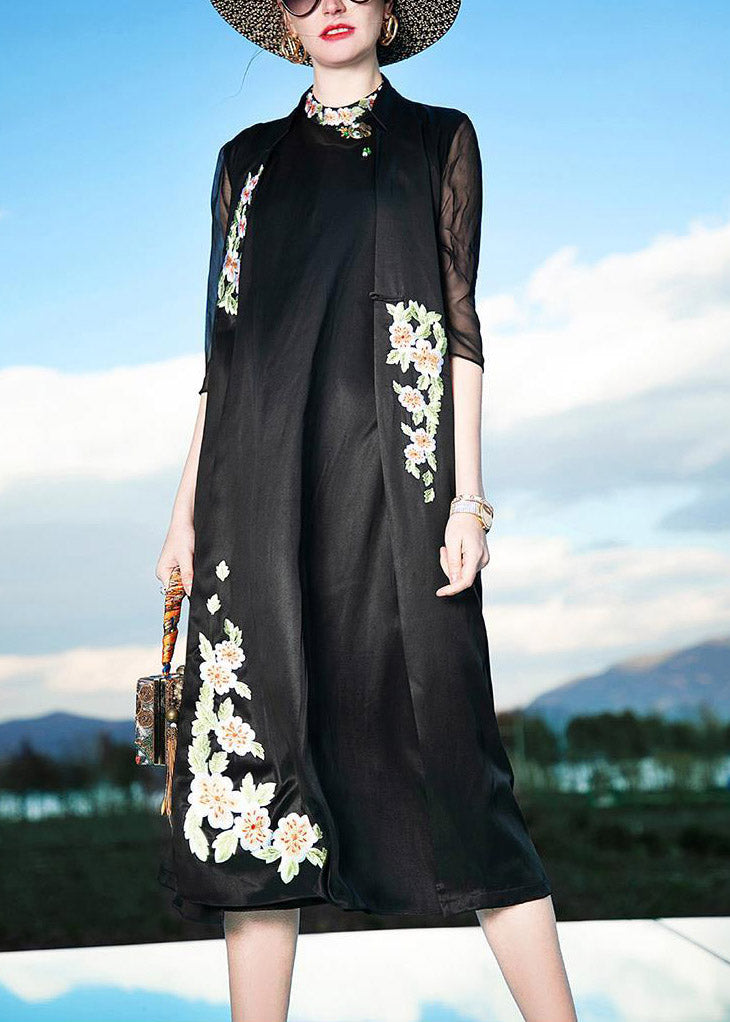 Novelty Black Stand Collar Embroideried Floral Button Silk Maxi Dress Summer LY1492