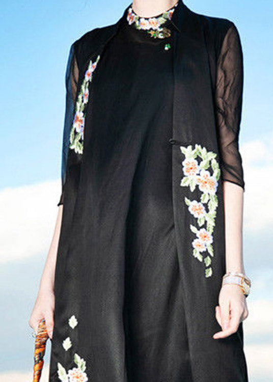 Novelty Black Stand Collar Embroideried Floral Button Silk Maxi Dress Summer LY1492