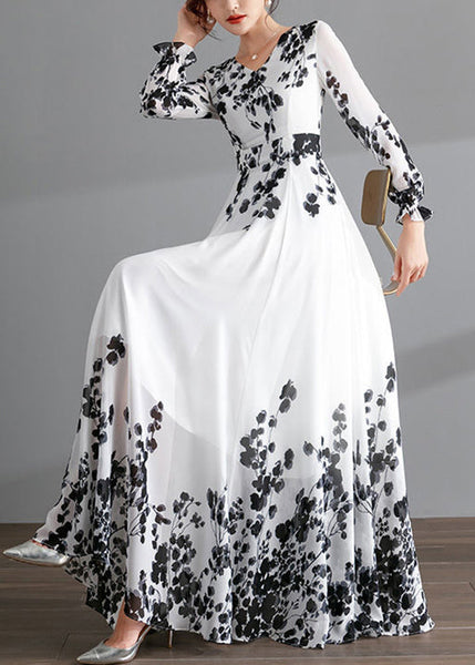 Novelty Black V Neck Print Chiffon Maxi Beach Dresses Spring LY1729
