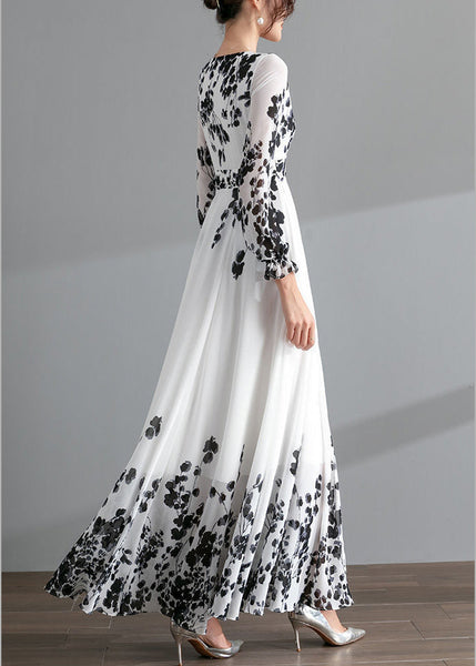 Novelty Black V Neck Print Chiffon Maxi Beach Dresses Spring LY1729