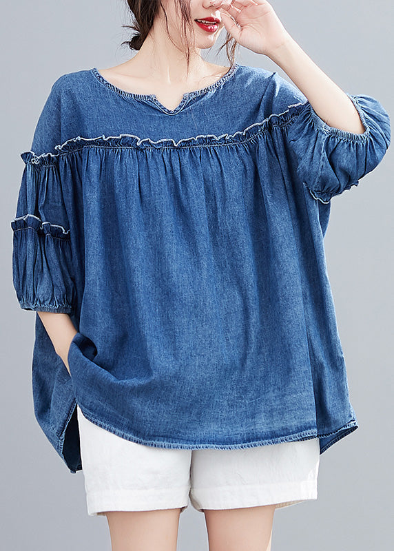 Novelty Denim Blue O-Neck Ruffled Patchwork Silk Cotton Top Half Sleeve AC2037