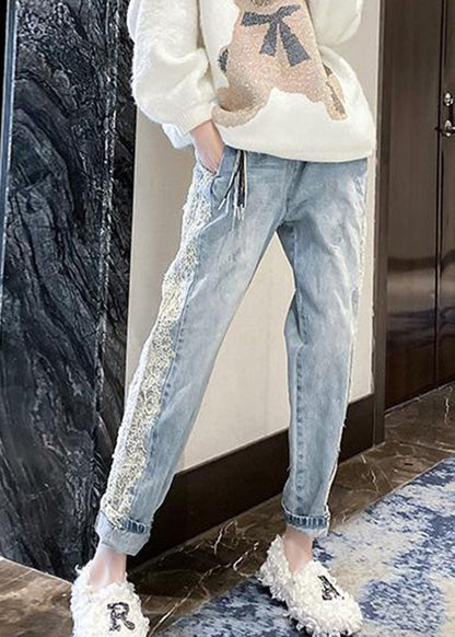 Novelty Light Blue Lace Patchwork Elastic Waist Harem Jeans TY1020