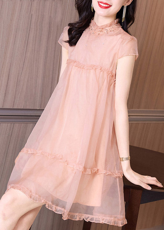 Novelty Pink Ruffled Patchwork Nail bead Tulle Mid Dress Summer TI1037