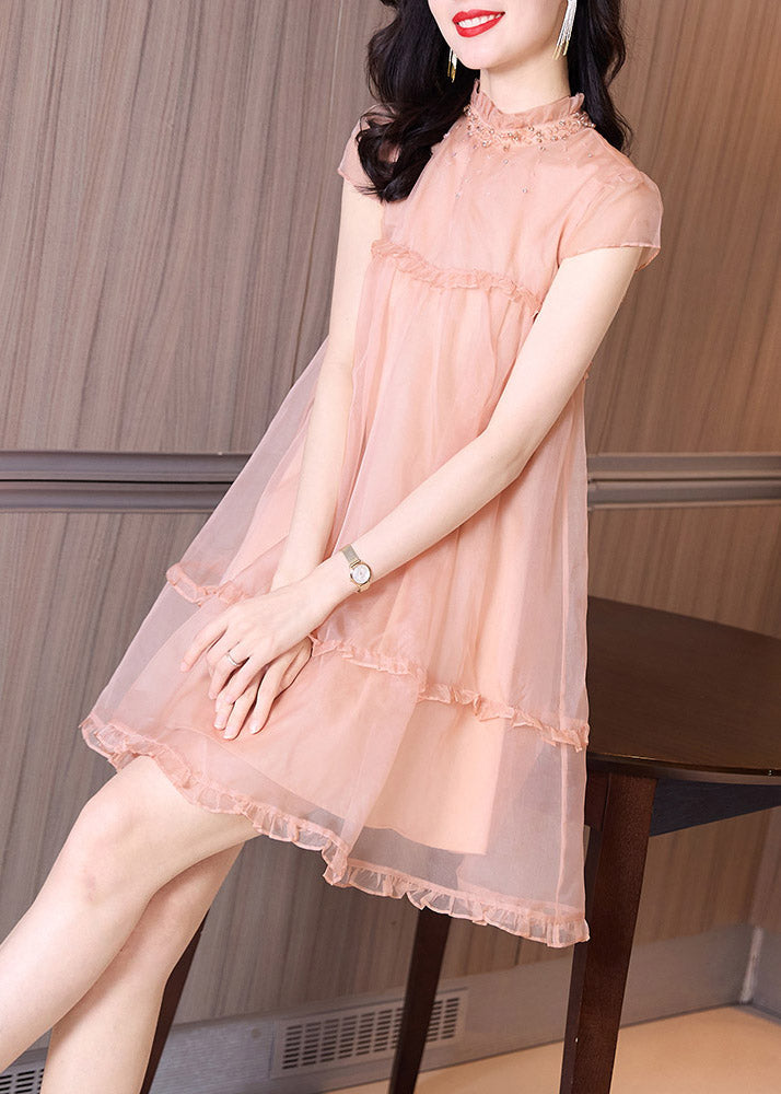 Novelty Pink Ruffled Patchwork Nail bead Tulle Mid Dress Summer TI1037