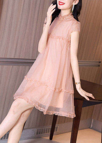 Novelty Pink Ruffled Patchwork Nail bead Tulle Mid Dress Summer TI1037