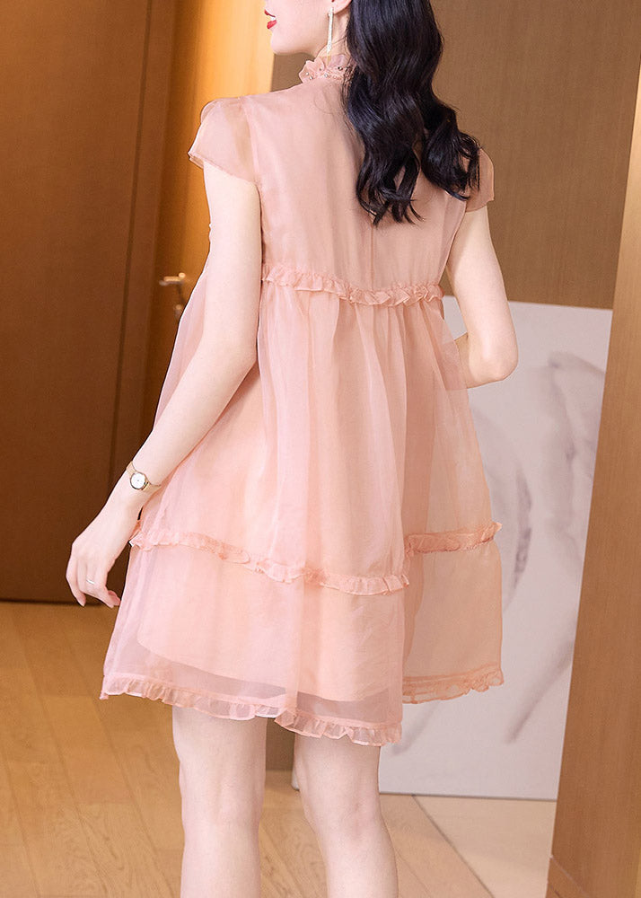 Novelty Pink Ruffled Patchwork Nail bead Tulle Mid Dress Summer TI1037