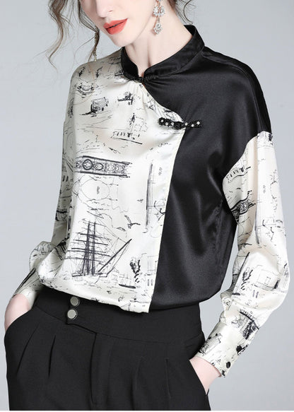 Novelty White Patchwork Black Stand Collar Button Silk Shirts Long Sleeve LY0721