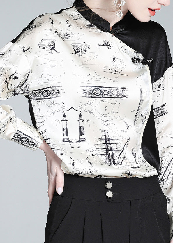 Novelty White Patchwork Black Stand Collar Button Silk Shirts Long Sleeve LY0721