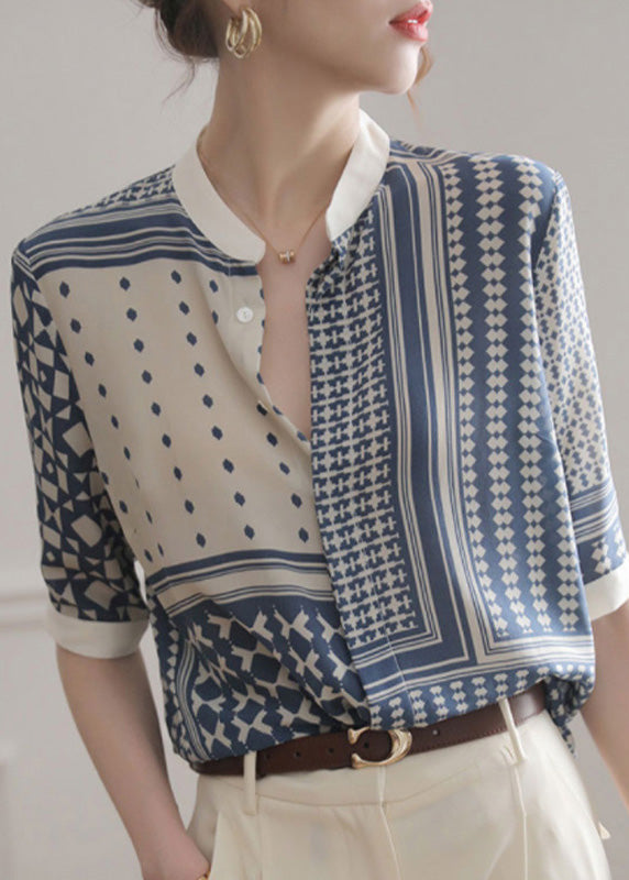 Novelty White Stand Collar Striped Print Button Chiffon Shirt Summer LY0406