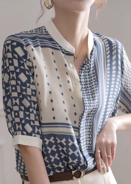 Novelty White Stand Collar Striped Print Button Chiffon Shirt Summer LY0406