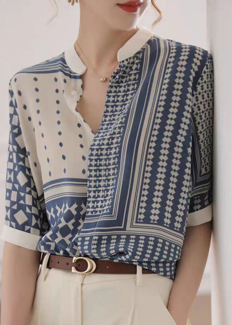 Novelty White Stand Collar Striped Print Button Chiffon Shirt Summer LY0406