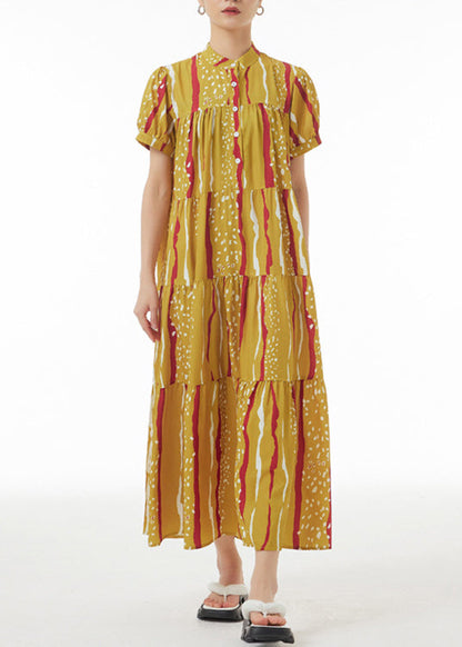 Novelty Yellow Print Patchwork Button Maxi Dresses Summer LY1090