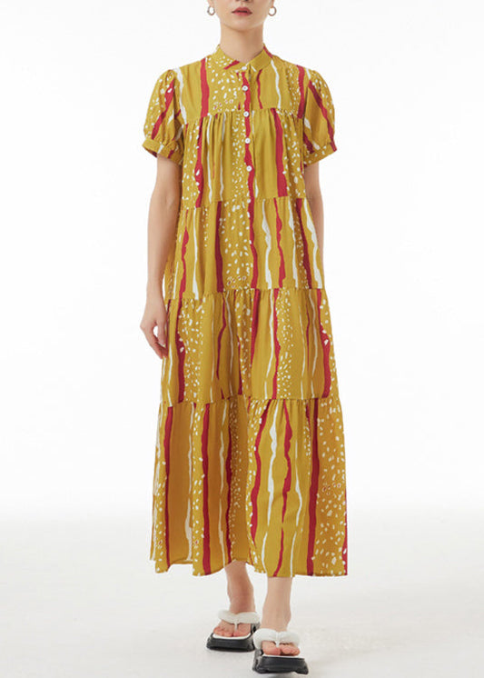 Novelty Yellow Print Patchwork Button Maxi Dresses Summer LY1174