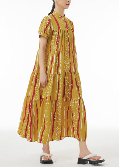 Novelty Yellow Print Patchwork Button Maxi Dresses Summer LY1174