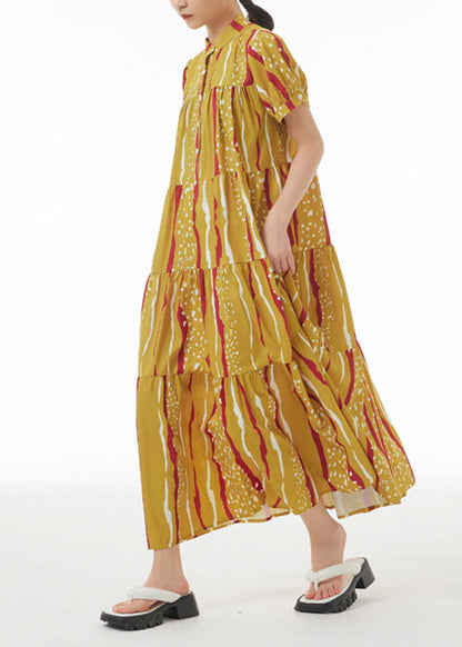 Novelty Yellow Print Patchwork Button Maxi Dresses Summer LY1174