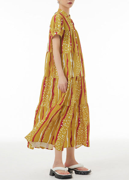 Novelty Yellow Print Patchwork Button Maxi Dresses Summer LY1174