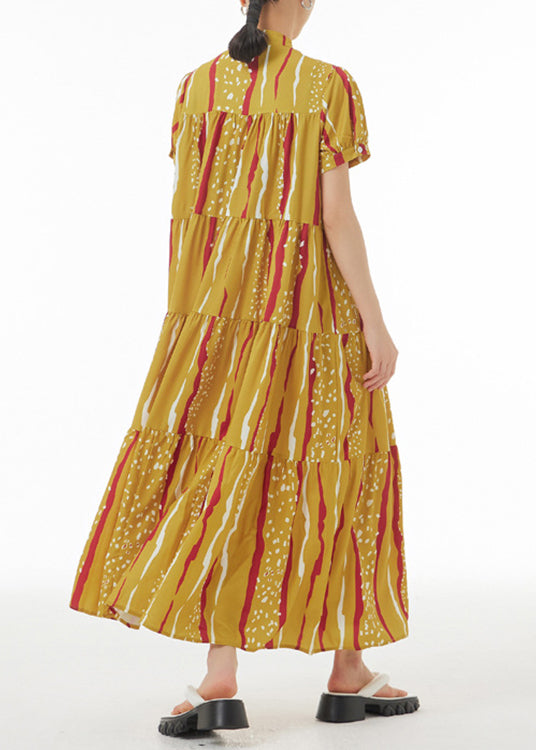 Novelty Yellow Print Patchwork Button Maxi Dresses Summer LY1090