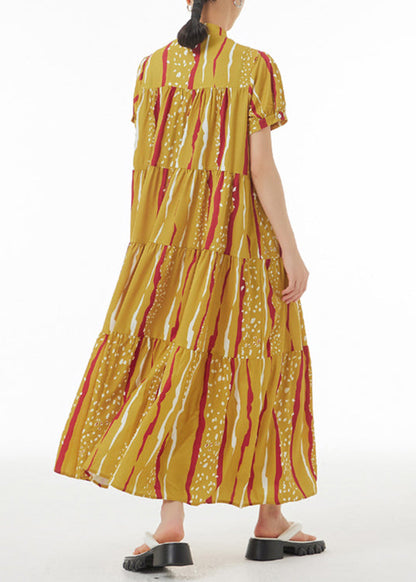 Novelty Yellow Print Patchwork Button Maxi Dresses Summer LY1174