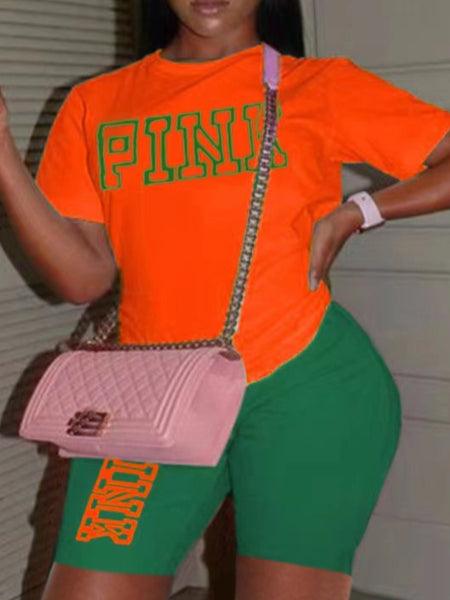 Plus Size Pink Letter Print Pants Set AR5057