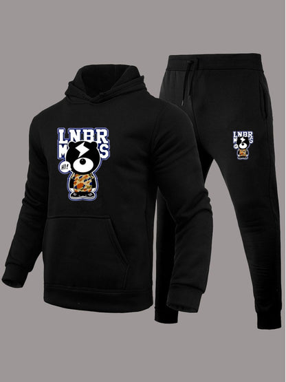 Men Cartoon Letter Print Kangaroo Pocket Tracksuit Set BO301