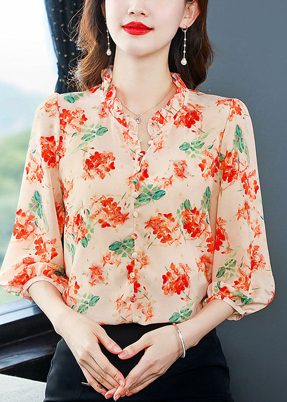 Orange Patchwork Print Silk Shirts V Neck Ruffled Summer LY0480