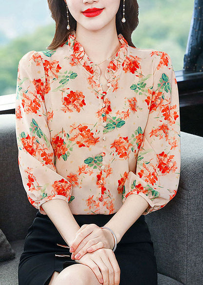 Orange Patchwork Print Silk Shirts V Neck Ruffled Summer LY0480