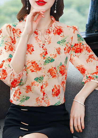 Orange Patchwork Print Silk Shirts V Neck Ruffled Summer LY0480