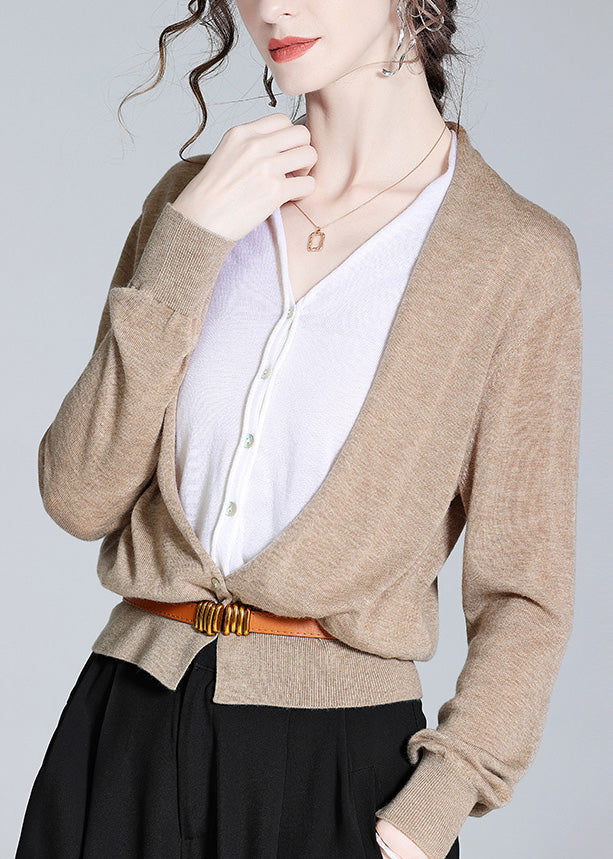 Organic Apricot V Neck Button Fake Two Pieces Woolen Tops Long Sleeve LY0089