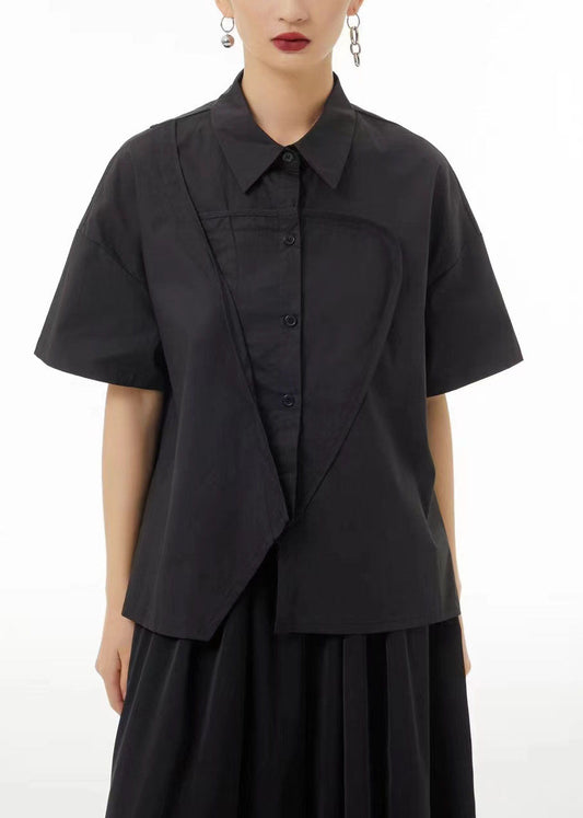 Organic Black Asymmetrical Wrinkled Side Open Cotton Shirt Summer LC0154