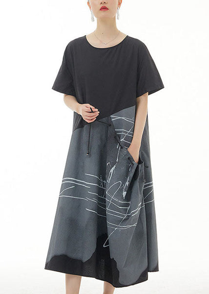 Organic Black O Neck Print Patchwork Cotton Dress Summer LY1213