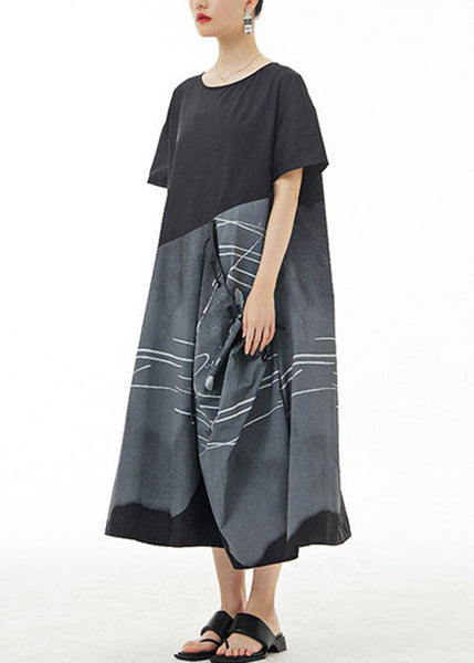 Organic Black O Neck Print Patchwork Cotton Dress Summer LY1213