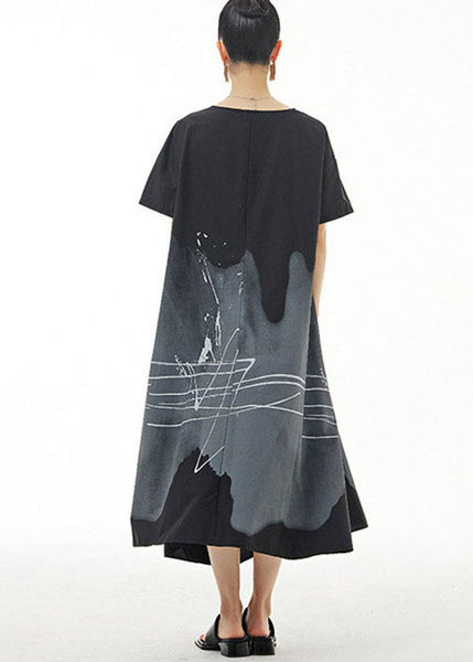 Organic Black O Neck Print Patchwork Cotton Dress Summer LY1213