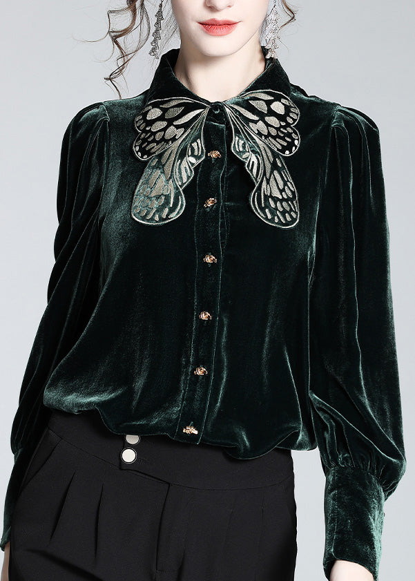 Organic Black Peter Pan Collar Embroideried Butterfly Button Velour Shirts Long Sleeve LY0105