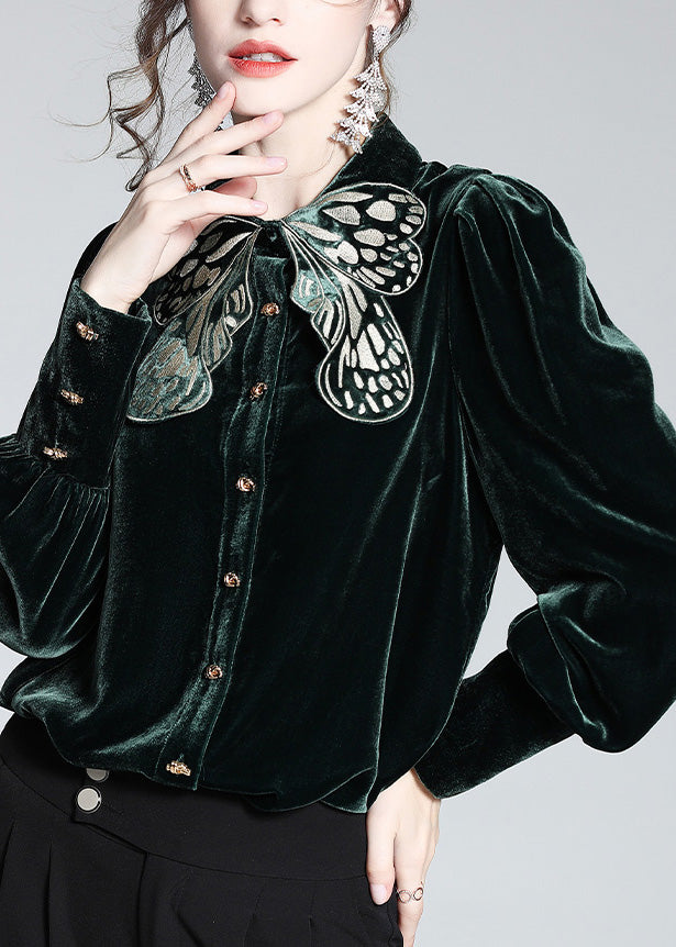 Organic Black Peter Pan Collar Embroideried Butterfly Button Velour Shirts Long Sleeve LY0105