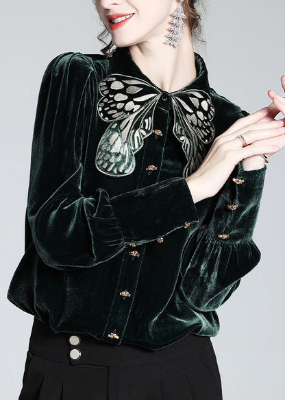 Organic Black Peter Pan Collar Embroideried Butterfly Button Velour Shirts Long Sleeve LY0105