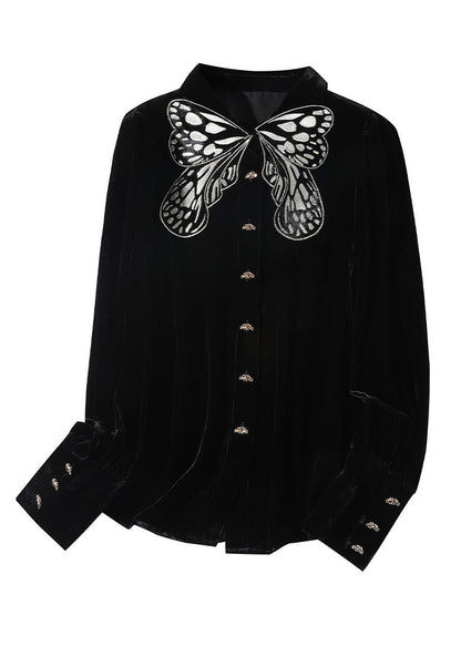 Organic Black Peter Pan Collar Embroideried Butterfly Button Velour Shirts Long Sleeve LY0105