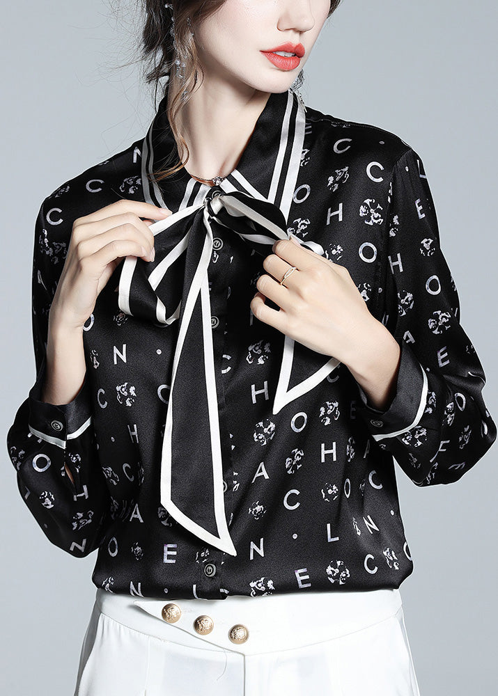 Organic Black Peter Pan Collar Print Bow Button Silk Shirts Spring LY0723