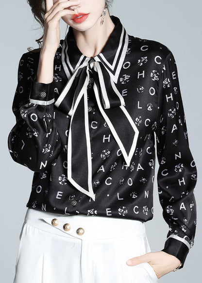 Organic Black Peter Pan Collar Print Bow Button Silk Shirts Spring LY0723