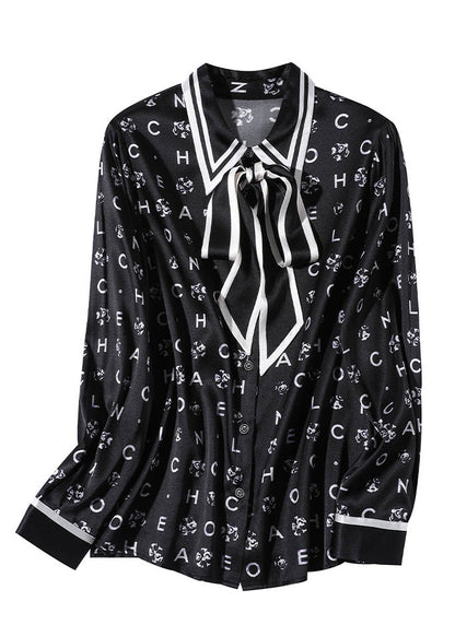 Organic Black Peter Pan Collar Print Bow Button Silk Shirts Spring LY0723