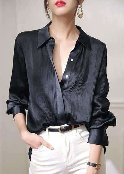 Organic Black Peter Pan Collar Wrinkled Patchwork Silk Shirts Spring LY1411