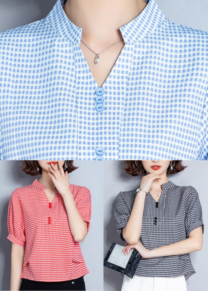 Organic Black V Neck Plaid Chiffon Shirt Lantern Sleeve LY0414