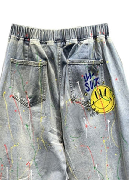 Organic Blue Graphic Print Patchwork Elastic Waist Ripped Jeans Summer TY1097