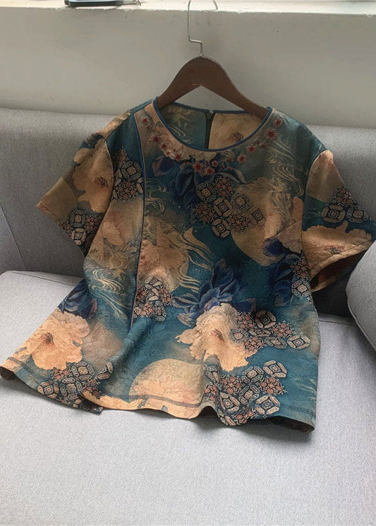 Organic Blue O Neck Print Patchwork Silk Top Summer LC0286