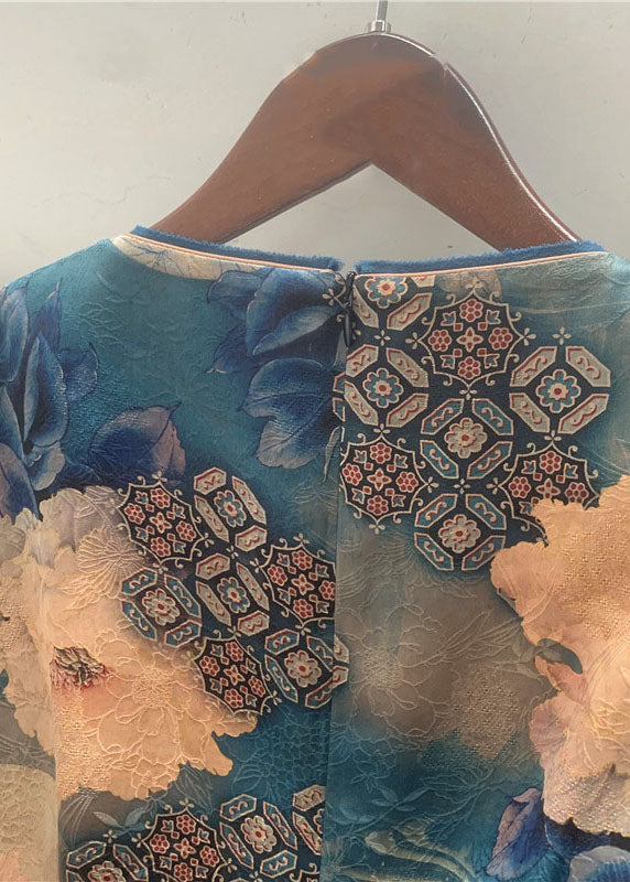 Organic Blue O Neck Print Patchwork Silk Top Summer LC0286