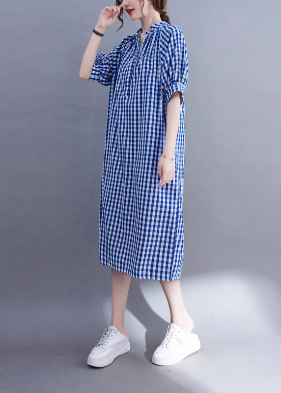 Organic Blue V Neck Plaid Cotton Long Dress Summer AC2051