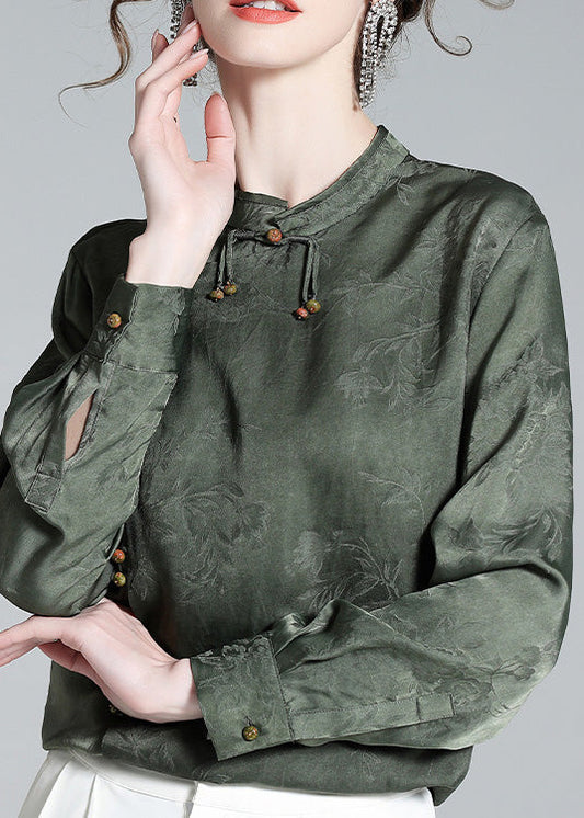 Organic Grey Green Stand Collar Jacquard Silk Shirt Long Sleeve LY0719